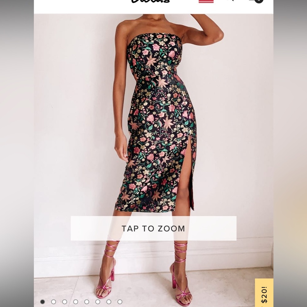 Make a Move Black Satin Floral Jacquard Strapless Midi Dress - Size S